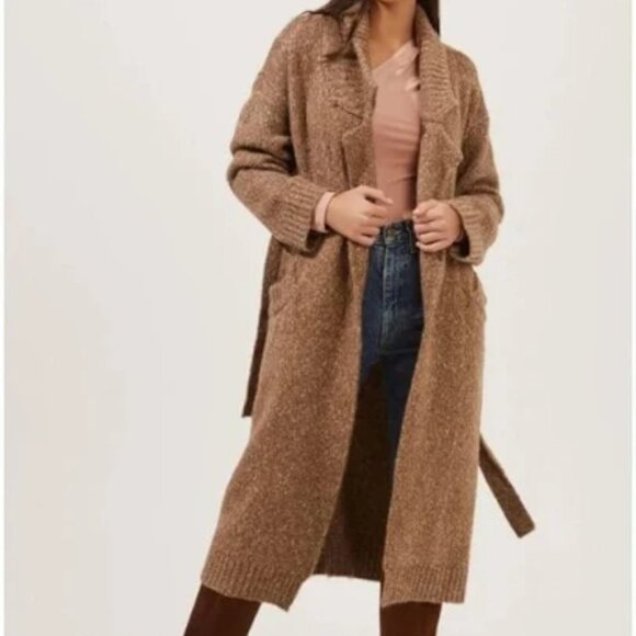 ASTR THE LABEL Women's LORRIE Brown Cream Longline Belted Cardigan Sweater M - Picture 1 of 7